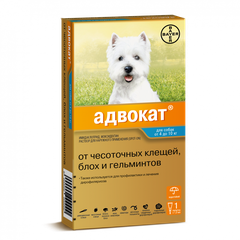 Капли для собак BAYER АДВОКАТ 100 от чесоточных клещей, блох и гельминтов (4-10кг веса) 1 пип.