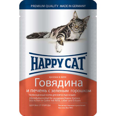 Корм для кошек HAPPY CAT Говядина, печень, горошек кусочки в желе пауч