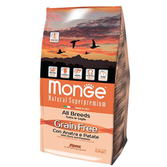 Корм для собак MONGE Grain free беззерновой для всех пород утка, картофель сух.