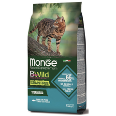 Корм для кошек MONGE BWild Grain Free беззерновой для стерилизованных, тунец с горохом сух.